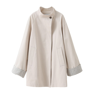 popchrio◆复古格子撞袖莱赛尔棉立领卡其色风衣小个子短款外套女