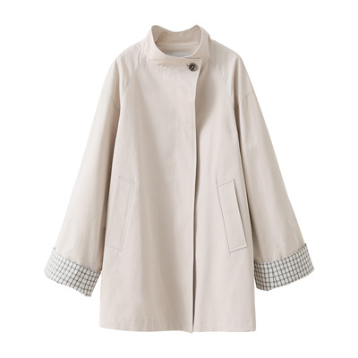 popchrio格子撞袖卡其色风衣