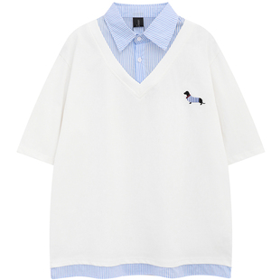 From Mars 散步小狗 原宿风夏季拼接条纹polo领短袖休闲男女百搭