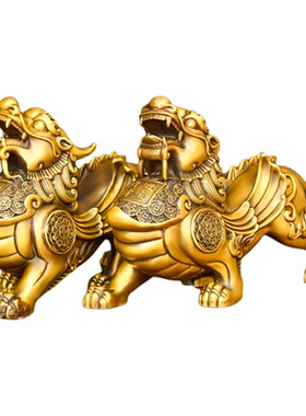 纯黄铜貔貅摆件一对皮丘铜制