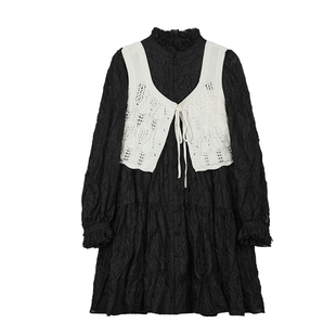 NEELLY纳俪商场同款气质立领黑色连衣裙两件套中长款大摆A字裙