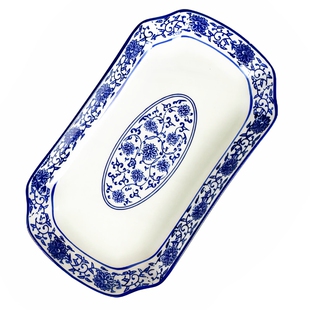 长方形鱼盘家用陶瓷盘子复古釉下彩青花瓷炒菜盘餐厅用餐具大碟子