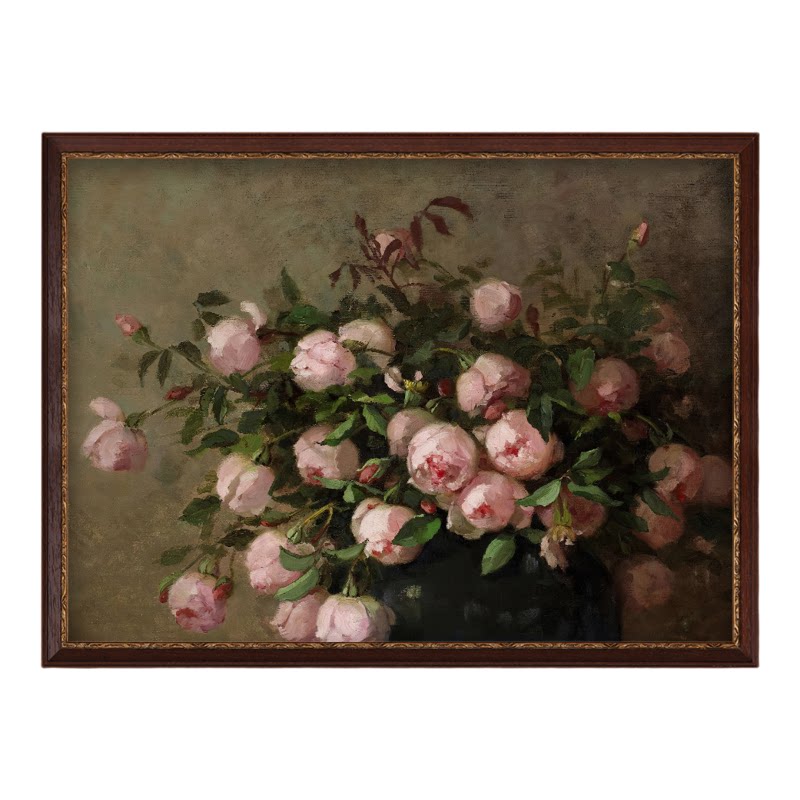 牡丹含苞美式卧室装饰画法式中古风玄关花卉床头画餐厅客厅挂画