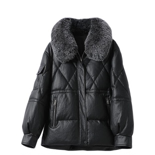真皮皮衣女短款韩版宽松加大码狐狸毛领新款白鸭绒绵羊皮羽绒外套