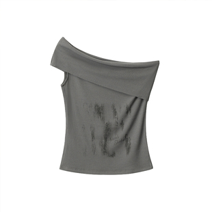 F383 美式复古辣妹斜领露肩短袖T恤女夏季小众设计感短款修身上衣