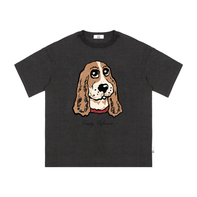 EMPTY REFERENCE炭灰色雪花肌理手绘可卡犬印花上衣短袖T恤打底衫