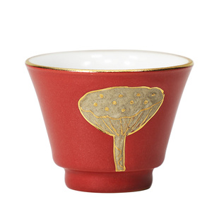 宫墙红莲生吉祥品茗杯杯垫|复古描金莲蓬粗陶小茶杯功夫茶具杯托