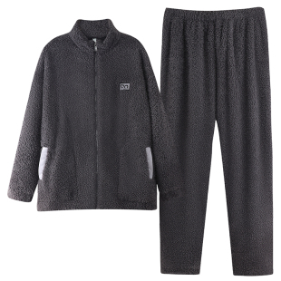 半边绒睡衣男士冬季秋冬款珊瑚绒加厚加绒冬天保暖家居服拉链休闲
