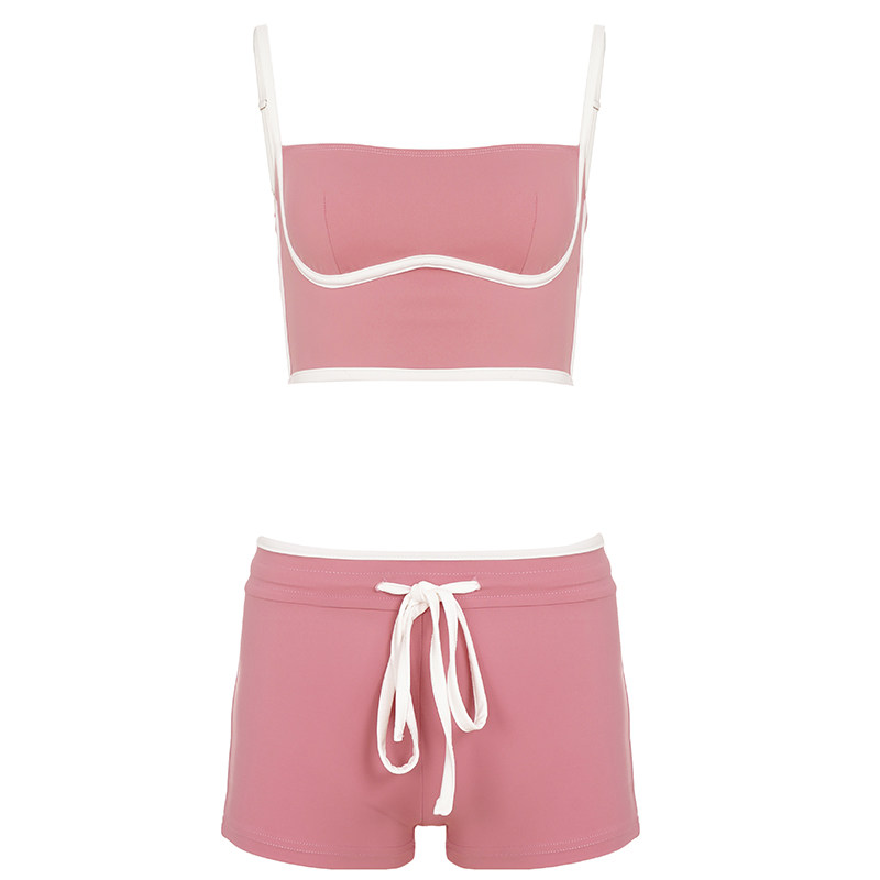 IAEY运动风休闲套装撞色包边针织粉色胸型吊带背心+弹力系带短裤