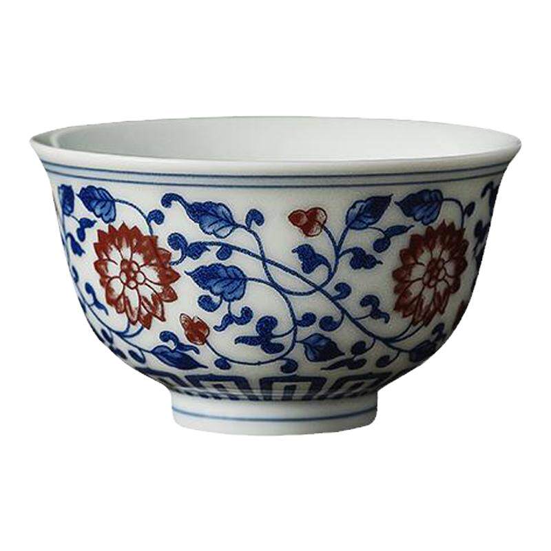 永乐青花压手杯釉里红仿手绘品茗杯主人杯喝茶单杯复古功夫小茶杯