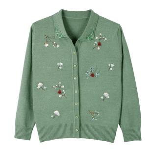 中老年女装秋装妈妈毛衣薄款翻领羊毛开衫外套奶奶装上衣老人衣服