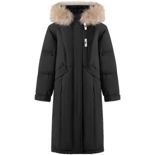 LAGOGO行走小暖炉貉子毛领羽绒服女拉谷谷2025冬新款黑色长款外套