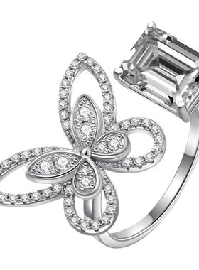 群镶双蝴蝶开口戒指3克拉方形