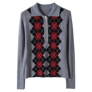 2025秋冬款学院风菱格羊毛针织衫女翻领气质老钱风miu系毛衣上衣