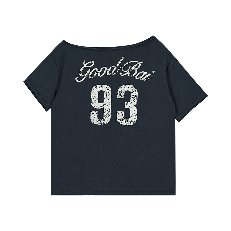 GOODBAI 女款logo印花数字93印花斜肩大领口oversize短袖T恤