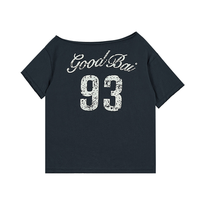GOODBAI 女款logo印花数字93印花斜肩大领口oversize短袖T恤