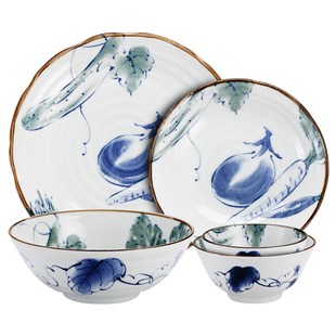 華火日本进口京野菜陶瓷饭碗汤碗日式家用釉下彩面碗盘子菜盘青花