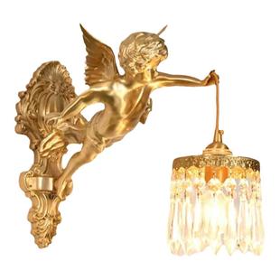 法式全铜天使壁灯中古客厅卧室书房过道墙灯复古轻奢水晶黄铜灯具