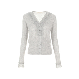 wana try100%山羊绒蕾丝软糯V领针织开衫25冬新品灰色温柔上衣女