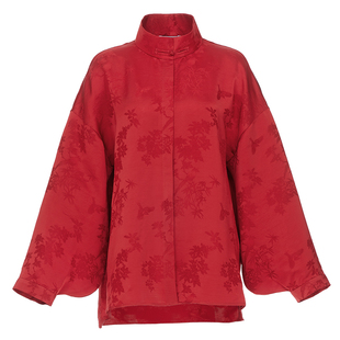 花木深红色立领衬衫外套女新款盘扣提花新中式上衣汉元素国风衬衣