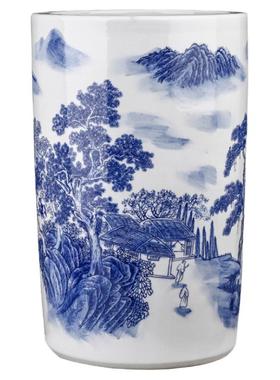 青花山水风陶瓷书画筒装饰卷轴缸