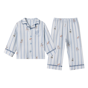 嫚熙弹力丝麻棉儿童家居服套装2026春新款宝宝长袖长裤男女童睡衣