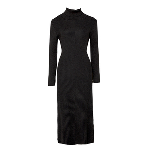 DPLAY2025年秋季新款黑色连衣裙女高领修身显瘦长袖针织裙子长裙