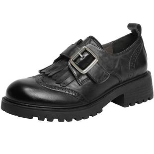 百丽英伦风孟克乐福鞋女26新款雕花布洛克真皮厚底小皮单鞋B3030