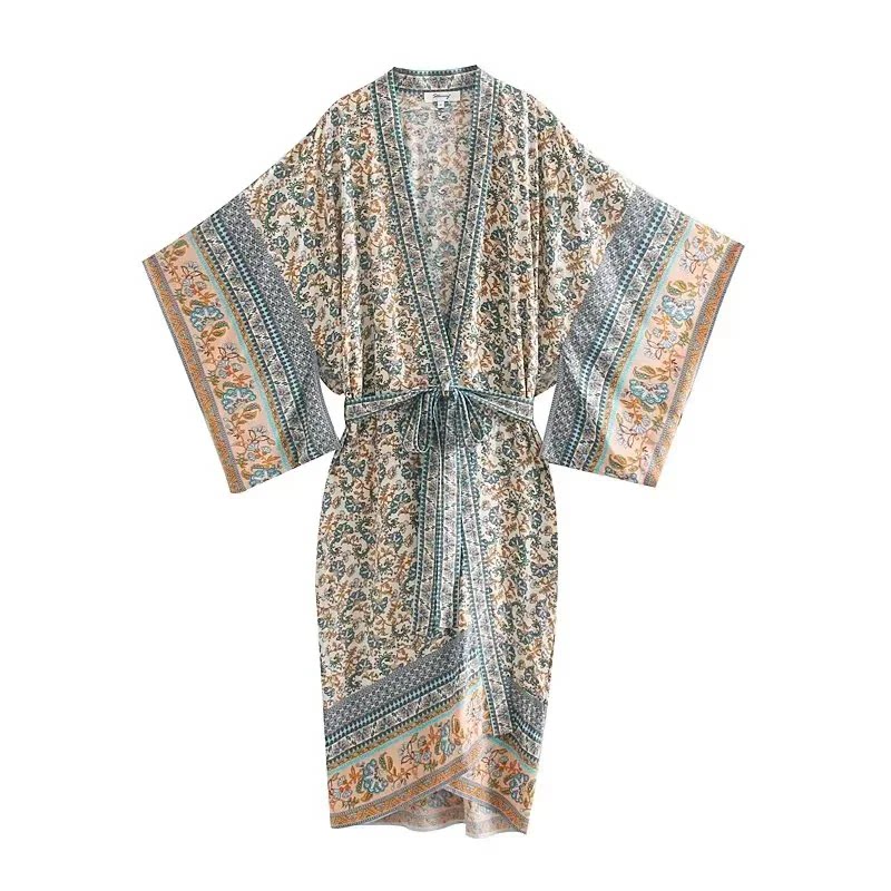 百搭系带印花定位和服式宽袖外套