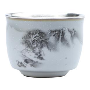 纯银999银杯子水杯陶瓷包银功夫茶具品茗杯主人杯女中式汝窑茶杯