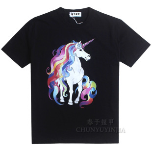 春予银甲潮牌欧货彩虹独角兽小马印花女士黑色小圆领正肩短袖t恤
