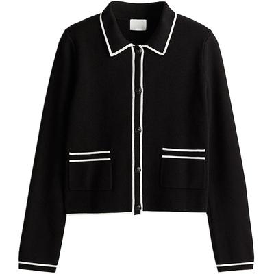 HM女装毛针织衫秋季时尚休闲翻领修身长袖短开衫1263920