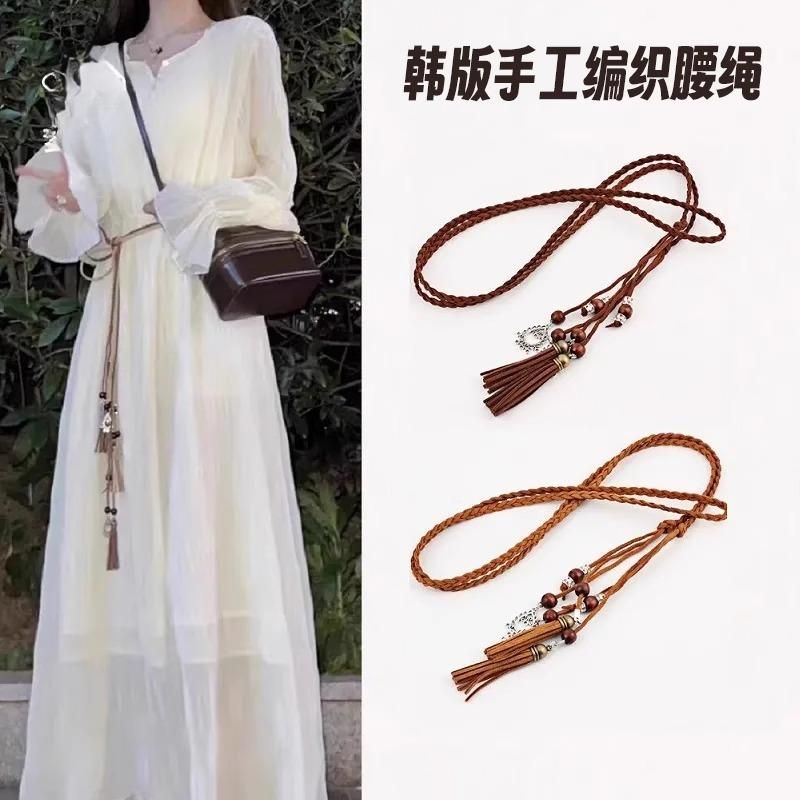 波西米亚风装饰腰带女士百搭连衣裙子绑带绳编织腰链腰绳打结系带