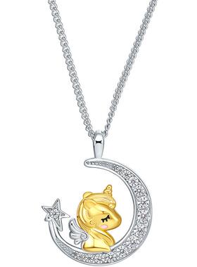 周六福S925银黄金色项链月亮独角兽星月甜美链坠节日礼物送女友