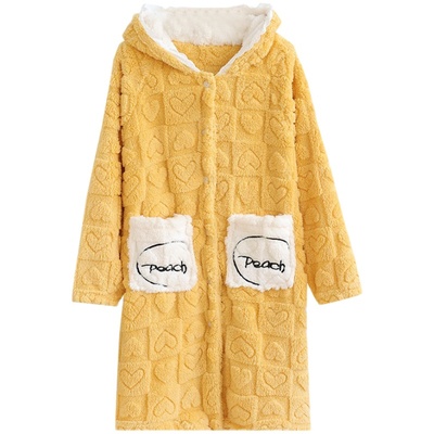 加厚法兰绒女士甜美连帽睡袍