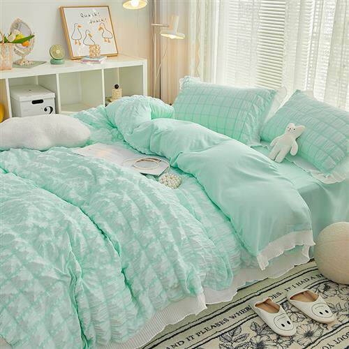 公主风全纯色水洗棉泡泡纱床上四件套床单被套花边宿舍三件套床笠