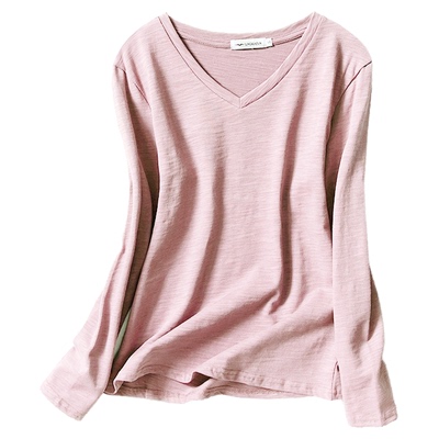 长袖t恤女宽松V领竹节棉防晒罩衫