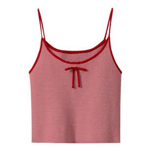 【甜辣中和】高弹紧致显瘦 蝴蝶结细肩带短款坑条条纹吊带背心女