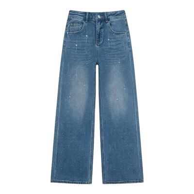 拉夏贝尔蝴蝶烫钻阔腿牛仔裤女春