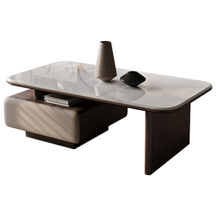 2025新款中古风简约大小户型客厅家用茶几可伸缩带抽屉微晶石台面