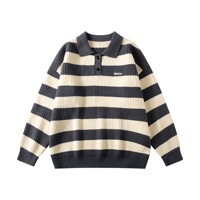 GOGOSOON黑白条纹毛衣男800g秋冬新款外套polo衫套头内搭高级感厚