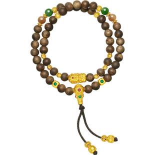 周六福5D硬金和田碧玉金镶玉顺遂沉香双圈手串藏金文玩系列新年礼