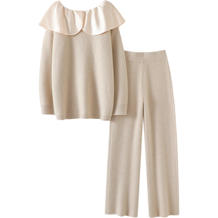 爱到骨子里！加厚绸缎领羊绒衫女一字肩纯羊绒毛衣直筒阔腿裤套装