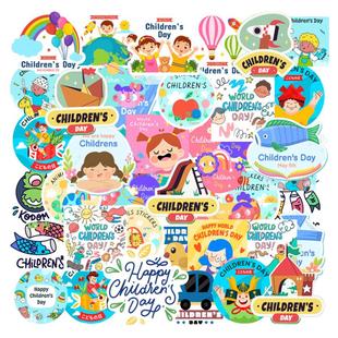50张卡通儿童节关爱孩子教室布置装扮贴纸装饰笔记本头盔相框画手账保温杯吉他衣柜收纳箱拉杆箱贴纸防水pvc