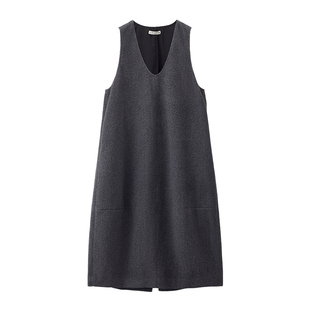 设计师款佐丹奴无袖裙子女毛呢灰色U型领宽松背心连衣裙18465631