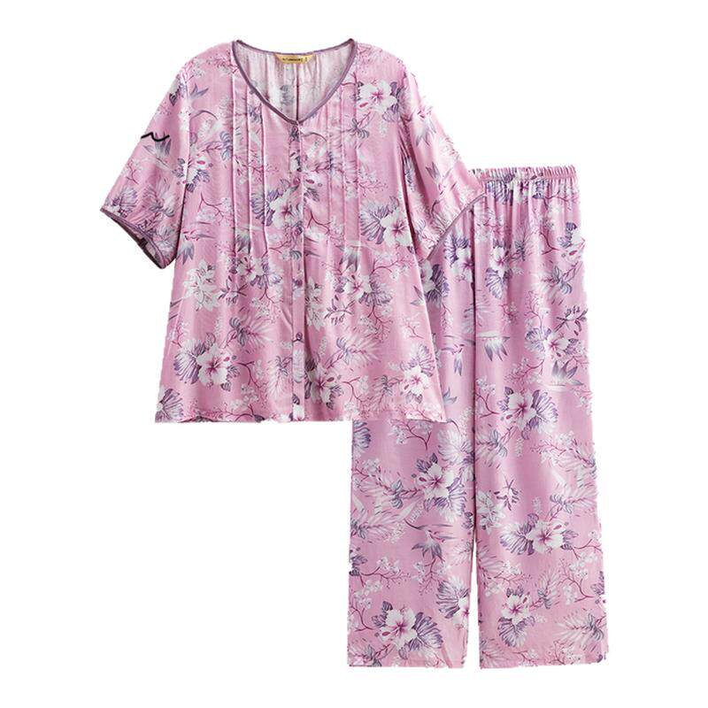 秋鹿柔软丝滑人棉贡缎睡衣女春夏法式碎花短袖家居服套装吸湿速干