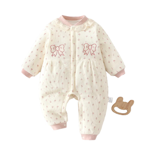 女宝宝冬季棉服婴儿80克夹棉连体衣可爱花边满月百天哈衣外出服