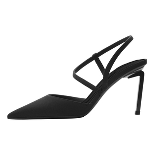 烫社交女鞋黑色布面尖头细高跟单鞋子法式细带休闲凉鞋春夏季新款