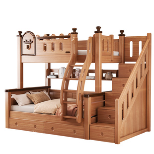 全红檀木上下铺双层床实木儿童高低床中古风母子双层床两层上下床