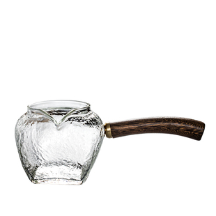 手工锤纹玻璃公道杯 侧把茶海木手柄匀杯 耐热玻璃分茶器功夫茶具